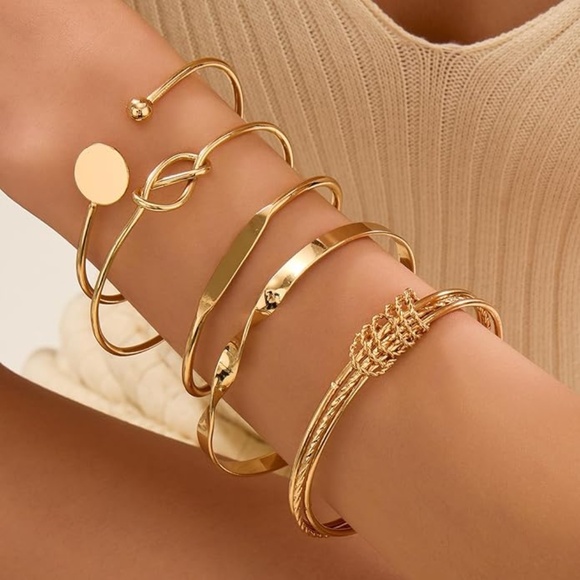 Gold Cuff and Bangle Bracelet Set of 5; Women Boho Chic Stackable Arm Jewelry - Picture 5 of 6
